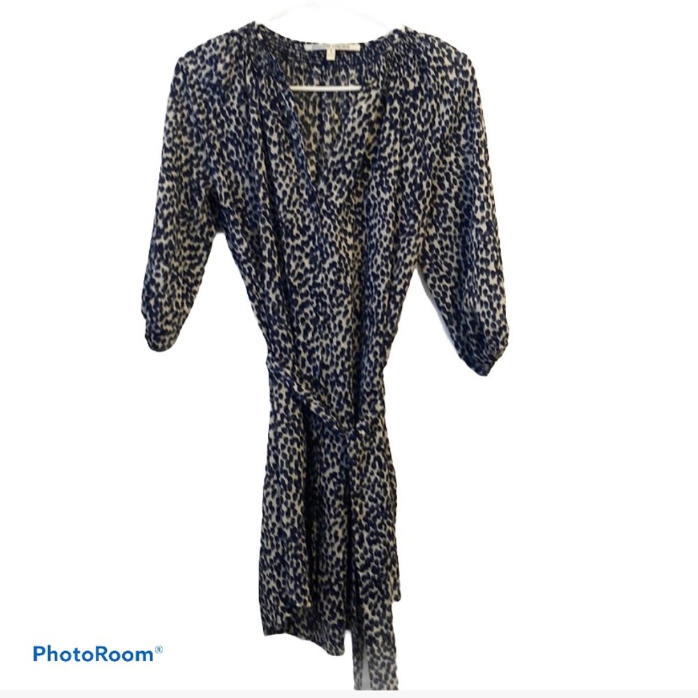 COLLECTIVE CONCEPTS BUTTON DOWN SHIRT DRESS BELT BLUE WHITE DOTS ANIMAL PRINT
